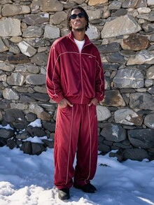 AXEPEAK Men's Colorblock Long Sleeve Jacket And Pants Casual Daily Outfit - Burgundy - View 1