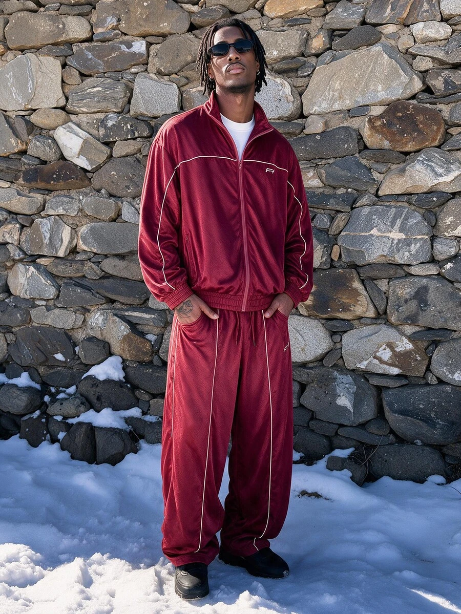 AXEPEAK Men's Colorblock Long Sleeve Jacket And Pants Casual Daily Outfit - Burgundy - View 1