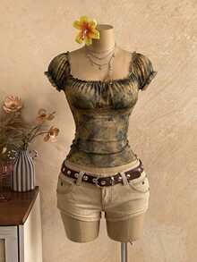 Bitrose Vintage Retro Puff Sleeve Square Neck Knit Tape & Mesh Splice Fitted Women T-Shirt - Multicolor - View 3