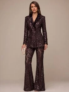 SHEIN BAE Blazer Elegan Lengan Panjang Berkerah dengan Hiasan Payet untuk Wanita - Coklat - View 5