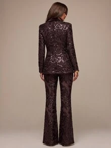 SHEIN BAE Blazer Elegan Lengan Panjang Berkerah dengan Hiasan Payet untuk Wanita - Coklat - View 2