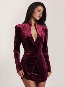 SHEIN BAE Women's Solid Color Long Sleeve Jacket And Mini Skirt Fashion Set,Women's Social Suit Set , Christmas,Halloween - Burgundy - View 4