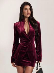 SHEIN BAE Women's Solid Color Long Sleeve Jacket And Mini Skirt Fashion Set,Women's Social Suit Set , Christmas,Halloween - Burgundy - View 1
