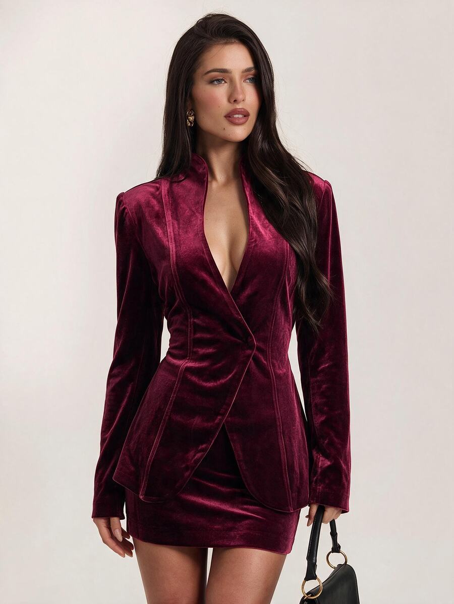 SHEIN BAE Women's Solid Color Long Sleeve Jacket And Mini Skirt Fashion Set,Women's Social Suit Set , Christmas,Halloween - Burgundy - View 1