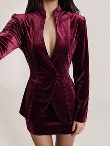 SHEIN BAE Women's Solid Color Long Sleeve Jacket And Mini Skirt Fashion Set,Women's Social Suit Set , Christmas,Halloween - Burgundy - View 5