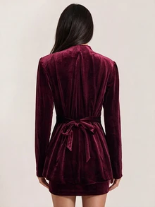 SHEIN BAE Women's Solid Color Long Sleeve Jacket And Mini Skirt Fashion Set,Women's Social Suit Set , Christmas,Halloween - Burgundy - View 2