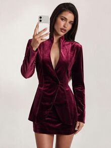SHEIN BAE Women's Solid Color Long Sleeve Jacket And Mini Skirt Fashion Set,Women's Social Suit Set , Christmas,Halloween - Burgundy - View 3