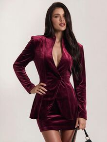 SHEIN BAE Women's Solid Color Long Sleeve Jacket And Mini Skirt Fashion Set,Women's Social Suit Set , Christmas,Halloween - Burgundy - View 7
