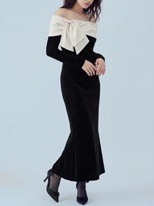 FRIFUL Colorblock Bow Cold Shoulder Split Hem Maxi Dress Fall - Black - View 5
