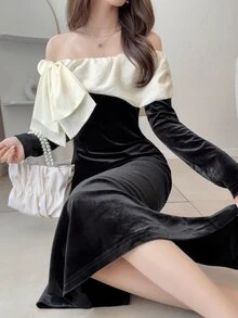 FRIFUL Colorblock Bow Cold Shoulder Split Hem Maxi Dress Fall - Black - View 12