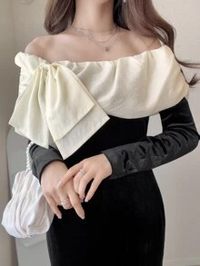 FRIFUL Colorblock Bow Cold Shoulder Split Hem Maxi Dress Fall - Black - View 13