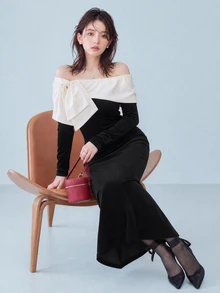 FRIFUL Colorblock Bow Cold Shoulder Split Hem Maxi Dress Fall - Black - View 8