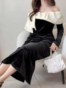 FRIFUL Colorblock Bow Cold Shoulder Split Hem Maxi Dress Fall - Black - View 11
