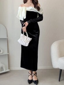 FRIFUL Colorblock Bow Cold Shoulder Split Hem Maxi Dress Fall - Black - View 15