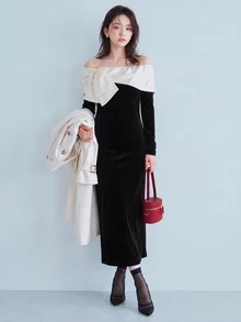 FRIFUL Colorblock Bow Cold Shoulder Split Hem Maxi Dress Fall - Black - View 6