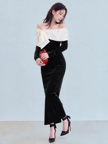 FRIFUL Colorblock Bow Cold Shoulder Split Hem Maxi Dress Fall - Black - View 3