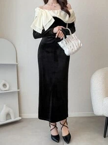 FRIFUL Colorblock Bow Cold Shoulder Split Hem Maxi Dress Fall - Black - View 14
