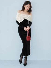 FRIFUL Colorblock Bow Cold Shoulder Split Hem Maxi Dress Fall - Black - View 4