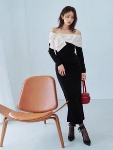 FRIFUL Colorblock Bow Cold Shoulder Split Hem Maxi Dress Fall - Black - View 7
