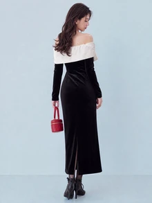 FRIFUL Colorblock Bow Cold Shoulder Split Hem Maxi Dress Fall - Black - View 2