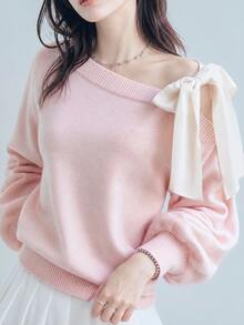 FRIFUL Women's Contrast Color Asymmetrical Shoulder Drop Shoulder Bow Loose Casual Versatile Sweater, Autumn/Fall Cute Tops - Pink - View 6