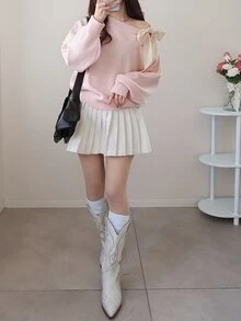 FRIFUL Women's Contrast Color Asymmetrical Shoulder Drop Shoulder Bow Loose Casual Versatile Sweater, Autumn/Fall Cute Tops - Pink - View 12