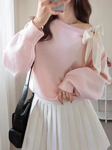 FRIFUL Women's Contrast Color Asymmetrical Shoulder Drop Shoulder Bow Loose Casual Versatile Sweater, Autumn/Fall Cute Tops - Pink - View 11