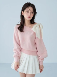 FRIFUL Women's Contrast Color Asymmetrical Shoulder Drop Shoulder Bow Loose Casual Versatile Sweater, Autumn/Fall Cute Tops - Pink - View 7