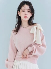 FRIFUL Women's Contrast Color Asymmetrical Shoulder Drop Shoulder Bow Loose Casual Versatile Sweater, Autumn/Fall Cute Tops - Pink - View 3