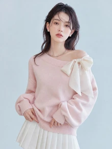 FRIFUL Women's Contrast Color Asymmetrical Shoulder Drop Shoulder Bow Loose Casual Versatile Sweater, Autumn/Fall Cute Tops - Pink - View 13