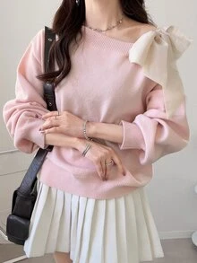 FRIFUL Women's Contrast Color Asymmetrical Shoulder Drop Shoulder Bow Loose Casual Versatile Sweater, Autumn/Fall Cute Tops - Pink - View 8