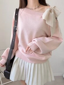 FRIFUL Women's Contrast Color Asymmetrical Shoulder Drop Shoulder Bow Loose Casual Versatile Sweater, Autumn/Fall Cute Tops - Pink - View 14