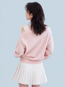 FRIFUL Women's Contrast Color Asymmetrical Shoulder Drop Shoulder Bow Loose Casual Versatile Sweater, Autumn/Fall Cute Tops - Pink - View 2
