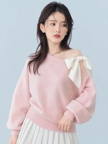 FRIFUL Women's Contrast Color Asymmetrical Shoulder Drop Shoulder Bow Loose Casual Versatile Sweater, Autumn/Fall Cute Tops - Pink - View 5
