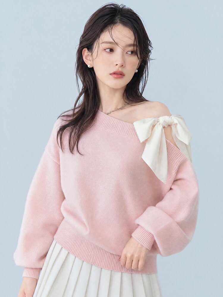 FRIFUL Women's Contrast Color Asymmetrical Shoulder Drop Shoulder Bow Loose Casual Versatile Sweater, Autumn/Fall Cute Tops - Pink - View 5