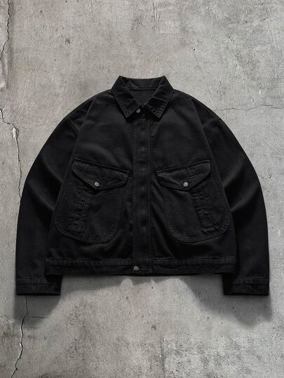 AXEPEAK Chaqueta de hombre con cremallera y botones en color negro gris lavado