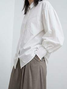 FRIFUL Women's Dropped Shoulder Pleated Lantern Sleeve Loose Blouse Fall - White - View 14