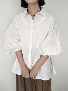 FRIFUL Women's Dropped Shoulder Pleated Lantern Sleeve Loose Blouse Fall - White - View 8