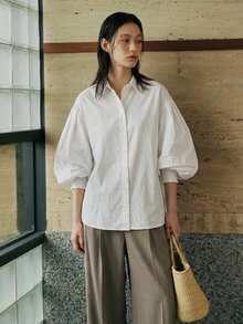 FRIFUL Women's Dropped Shoulder Pleated Lantern Sleeve Loose Blouse Fall - White - View 15