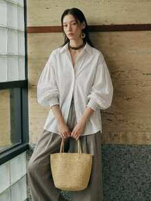 FRIFUL Women's Dropped Shoulder Pleated Lantern Sleeve Loose Blouse Fall - White - View 1