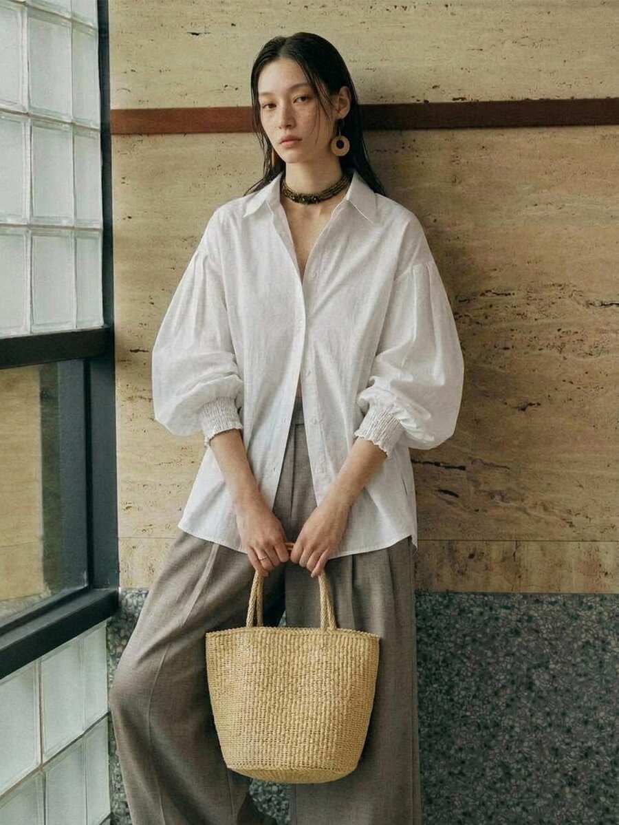 FRIFUL Women's Dropped Shoulder Pleated Lantern Sleeve Loose Blouse Fall - White - View 1