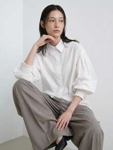 FRIFUL Women's Dropped Shoulder Pleated Lantern Sleeve Loose Blouse Fall - White - View 13