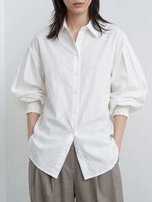 FRIFUL Women's Dropped Shoulder Pleated Lantern Sleeve Loose Blouse Fall - White - View 16