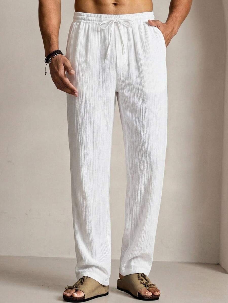 HIMLAND Men's Casual Pants, Summer Beach Pants, Drawstring Elastic Waist, Crinkle Fabric, Lightweight Breathable Halloween Winter Party Autumn - White - View 1