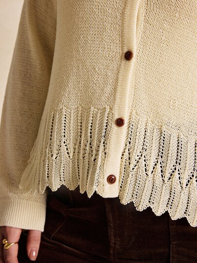 Écloséra Curve Plus Size Women's Casual 1920 Vintage Traditional Vacation Minimalist Solid Color V-Neck Single-Breasted Long Sleeve Knit Cardigan Autumn Cream