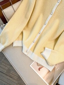 GlowEve CURVE 女款圓領單排扣休閒商務極簡優雅大尺碼長袖開襟衫 辦公正式款 白色與黃色 秋季 - 黃色 - 查看 4