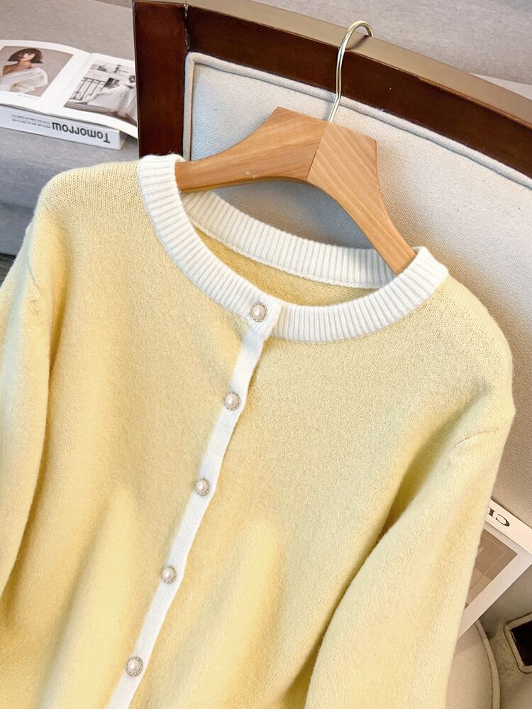 GlowEve CURVE Women's Round Neck Single-Breasted Casual Business Minimalist Elegant Plus Size Long Sleeve Cardigan Office Formal White And Yellow Fall - Yellow - View 5