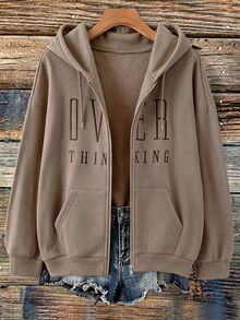 EMERY ROSE Plus Size Women's Korean Style Baggy Letter Embroidered Ribbed Cuff Hooded Sweatshirt Jacket, Suitable For Teacher Business, Relaxed Brown Autumn - Khaki - View 1