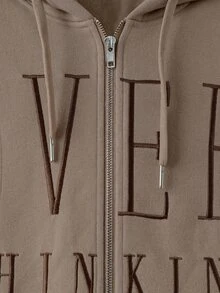 EMERY ROSE Plus Size Women's Korean Style Baggy Letter Embroidered Ribbed Cuff Hooded Sweatshirt Jacket, Suitable For Teacher Business, Relaxed Brown Autumn - Khaki - View 5