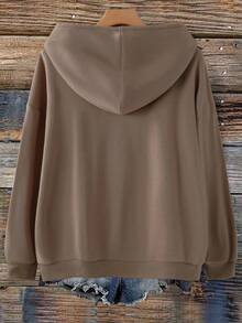 EMERY ROSE Plus Size Women's Korean Style Baggy Letter Embroidered Ribbed Cuff Hooded Sweatshirt Jacket, Suitable For Teacher Business, Relaxed Brown Autumn - Khaki - View 2